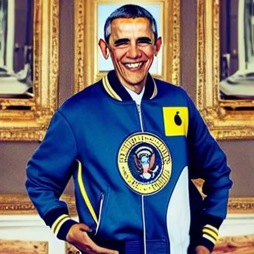 Image similar to realistic photo of casual barack obama wearing a royal blue varsity jacket with yellow sleeves