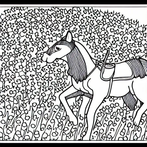 Prompt: coloring page of cat riding a horse in flowers field