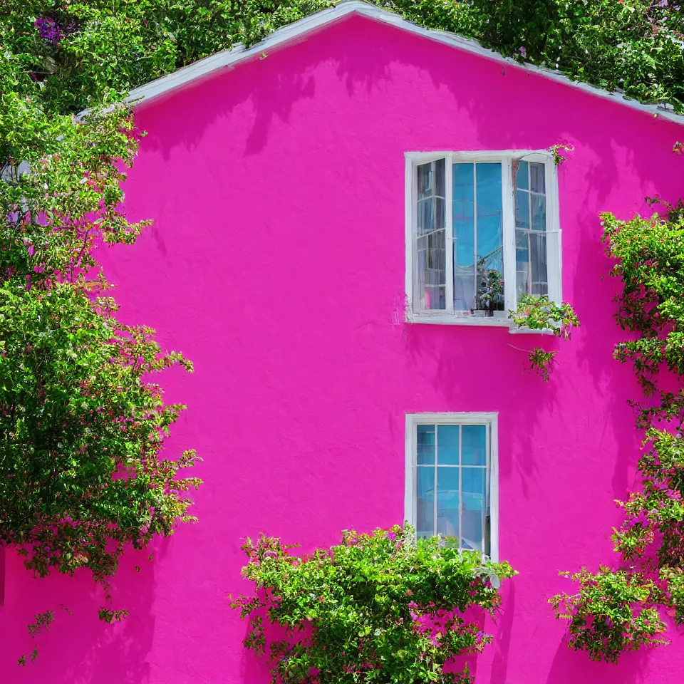 Prompt: Photograph of a magenta pink house, sunny weather
