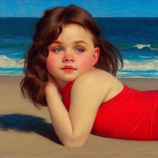 Image similar to portrait of cute young chubby courtney cox in red swimsuit sitting on a beach, intricate, hyperdetailed, photorealistic, diffuse lighting, hdrp, artstation, unreal 5, smooth, textless, sharp focus, art by john collier, albert aublet, krenz cushart, artem demura, alphonse mucha