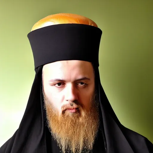 Image similar to orthodox patriarkh is wearing tall burger hat, real TV footage,