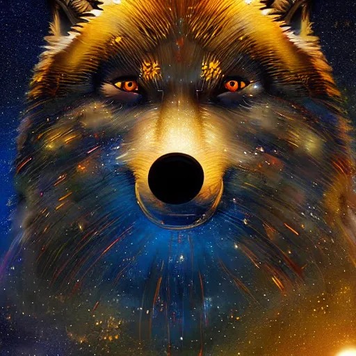 Image similar to of a fantasy painting of a wolfs face in the sky morphing into galaxy ’ s and stars and planets in the style of greg retowski highly detailed cinematic lighting digital art