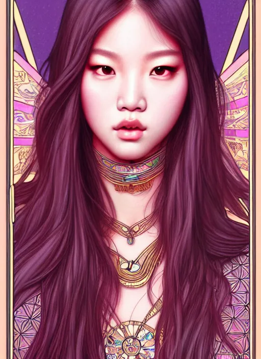 Image similar to jennie manoban of blackpink, tarot card, highly detailed, digital painting, smooth, sharp focus, illustration, ultra realistic, 8 k, art by artgerm and alphonse mucha