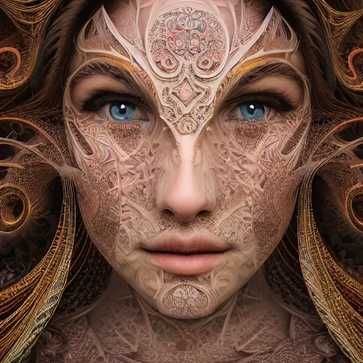 Image similar to wonderful princess of fractals and patterns, beautiful face, hyper detailed, background intricate and detailed, ornate 8 k gorgeous intricate detailed, octane render