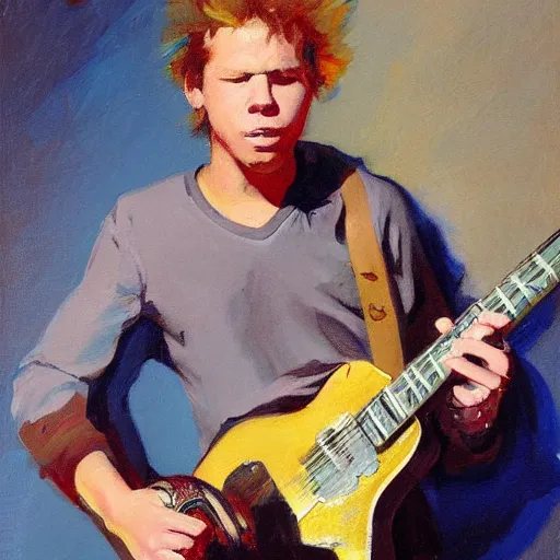 Image similar to a portrait of young james hetfield playing guitar, by gregory manchess and stanley lau