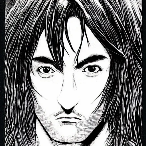 Prompt: pen and ink!!!! attractive 22 year old Gantz monochrome!!!! Frank Zappa x Daniel Radcliff highly detailed manga Vagabond!!!! telepathic floating magic swordsman!!!! glides through a beautiful!!!!!!! battlefield magic the gathering dramatic esoteric!!!!!! pen and ink!!!!! illustrated in high detail!!!!!!!! graphic novel!!!!!!!!! by Juan Francisco Casas and Hiroya Oku!!!!!!!!! MTG!!! award winning!!!! full closeup portrait!!!!! action manga panel