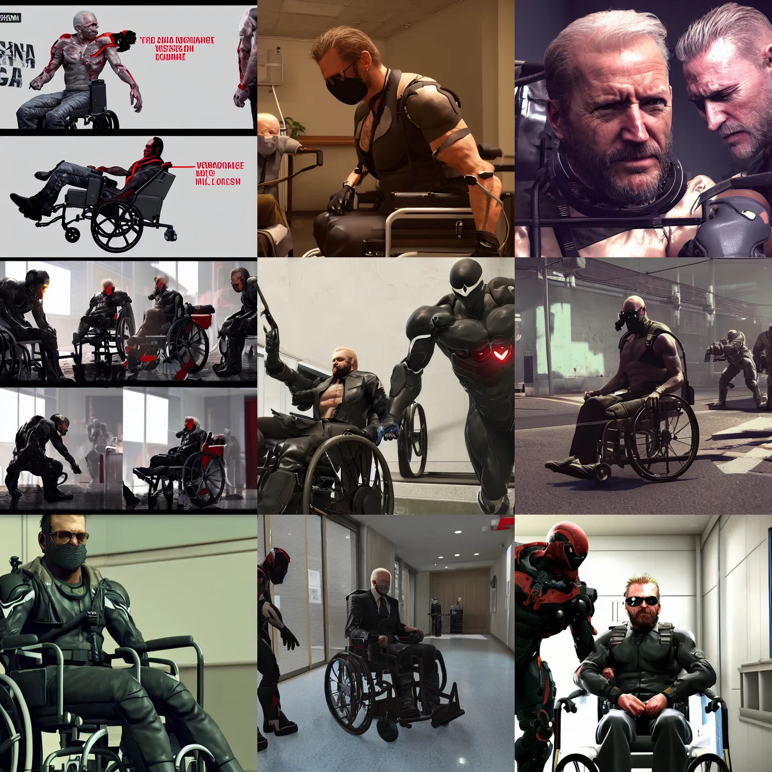 Prompt: MGSV Punished Venom Joe Biden in a nursing home wheelchair by Hideo Kojima, Unreal Engine, trending ArtStation