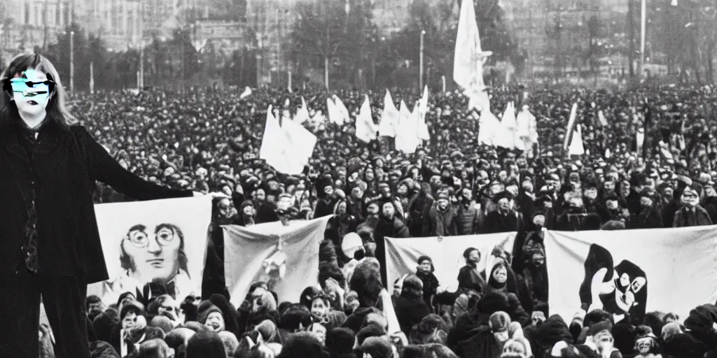 Prompt: documentary close photo of john lennon on scene live Moscow perform at in honor of the anniversary of the Great October communist Revolution at stadium, banners with lenin, colorful photo, wide angle, 24 35 mm, 22mm, HD remastered, 4k resolution, cinematic