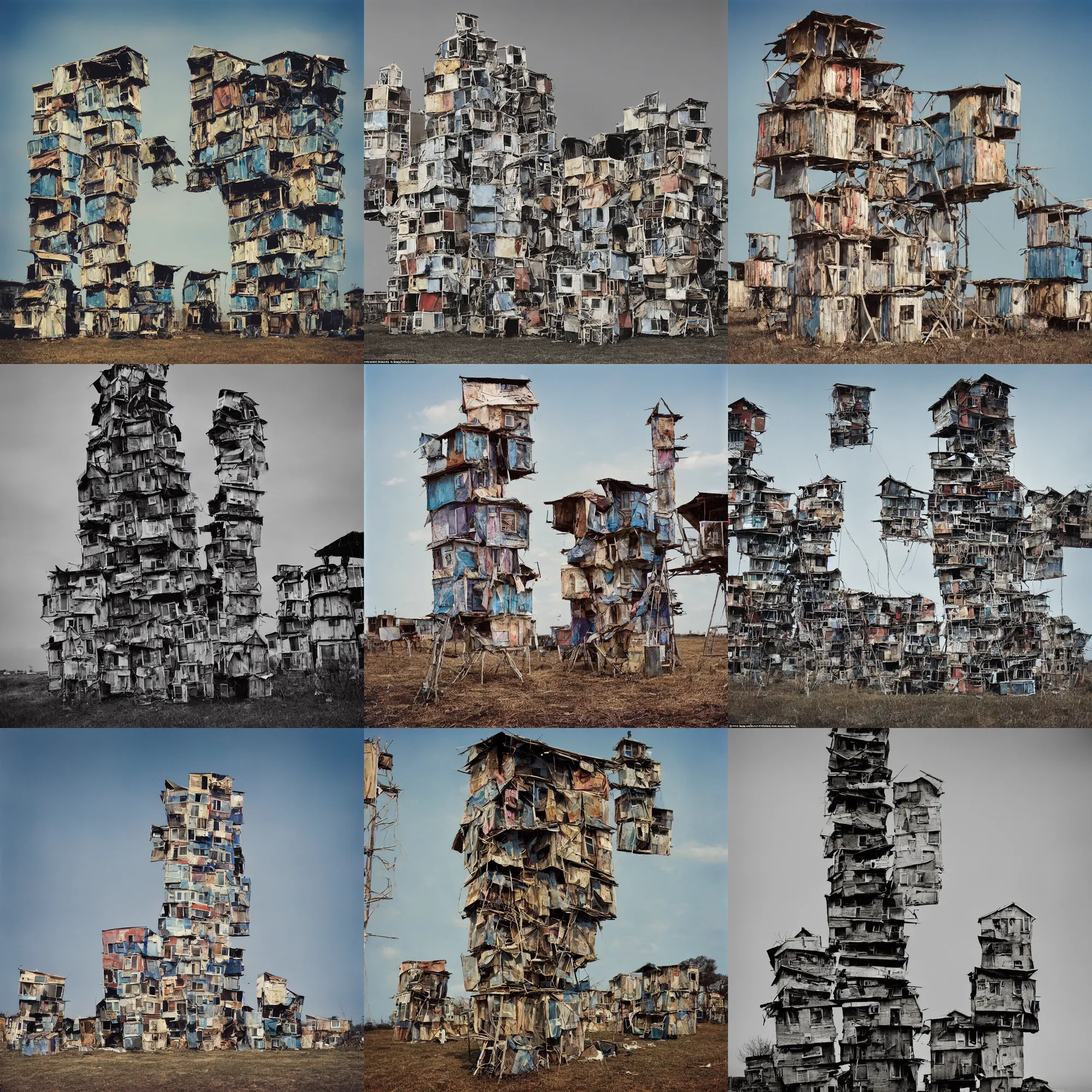 Prompt: a tower made up of makeshift squatter shacks with bleached colours, mamiya, 8 5 mm, f 1. 7, uniform plain sky, light leaks, digital glitches, photographed by richard avedon