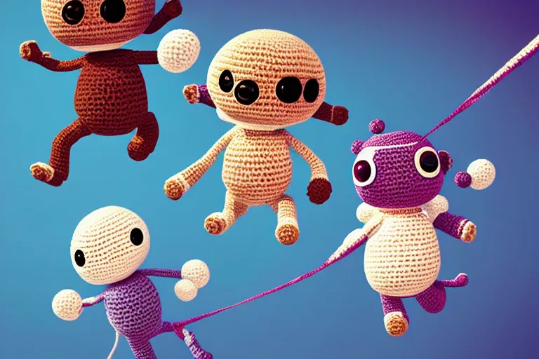 Image similar to a group of three crochet cute astronauts climbing a yarn wall. cute, illustration, digital art, inspired by little big planet, by greg rutkowski, detailed, sharp, masterpiece, highly detailed, photorealistic, octane render, 8 k, unreal engine 5, trending on artstation, vivid colors