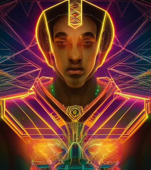 Image similar to symmetry!! egyptian prince of technology, solid cube of light, hard edges, product render retro - futuristic poster scifi, lasers and neon circuits, brown skin man egyptian prince, intricate, elegant, highly detailed, digital painting, artstation, concept art, smooth, sharp focus, illustration, dreamlike, art by artgerm