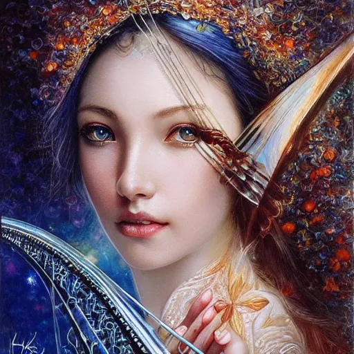 Prompt: a beautiful harp manipulating water by karol bak, ayami kojima, artgerm, river, water, blue eyes, smile, concept art, fantasy