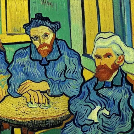 Prompt: famous philosophers sat around a candlelit table by Vincent van Gogh