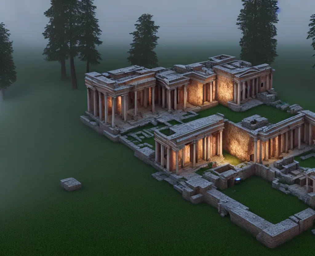 Image similar to a beautiful roman villa on a foggy forest mountain, 3 d rendered, digital art, artstation, 4 k, unreal engine 5