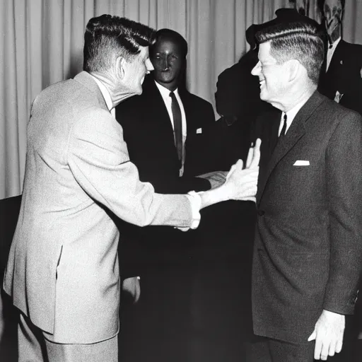 Image similar to a black and white photo of president kennedy shaking hands with a 1 9 5 0 s space alien