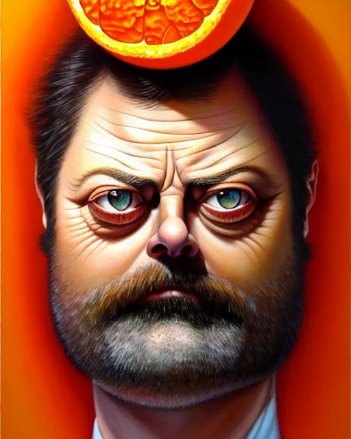 Image similar to detailed portrait of nick offerman as an oranges! ( citrus fruit ) by tomasz alen kopera and peter mohrbacher and johanna martine! and margaret keane! coherent luminescent