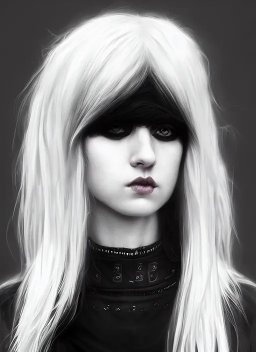 Image similar to portrait of white teenage girl, normal face, white bangs, mall goth, cyberlox, black and white hair, bangs, fluffy bangs, intricate, elegant, highly detailed, digital painting, artstation, concept art, sharp focus, smooth, illustration, art by wlop, mars ravelo and greg rutkowski