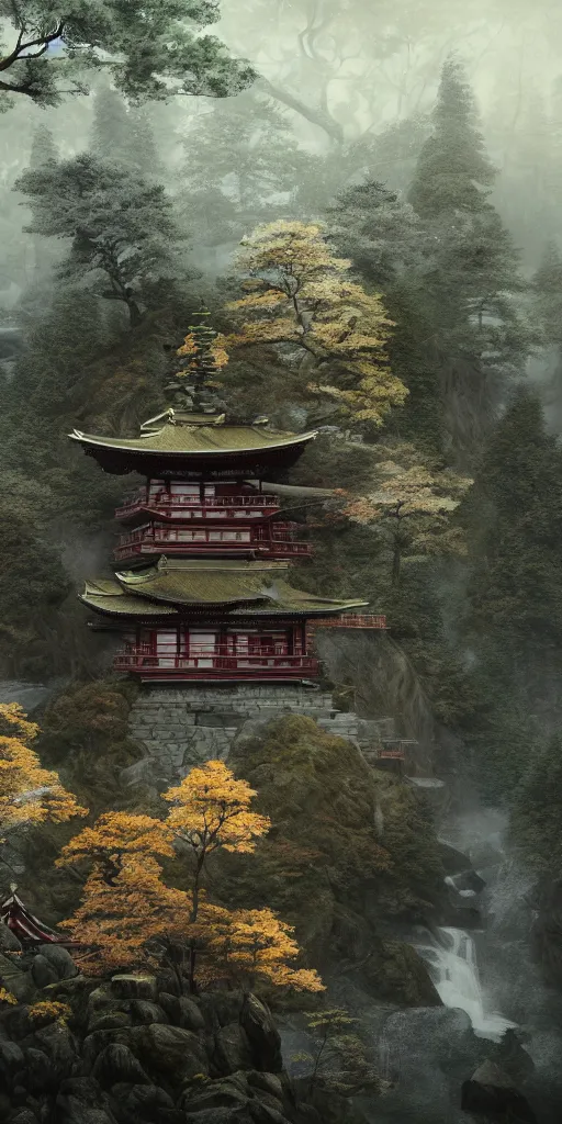 Prompt: magical and mystical, illustrious makinami, japanese mountain shrine, gloomy and foggy atmosphere, mythological, octane render, rembrandt, cgsociety, artstation trending, highly detailed