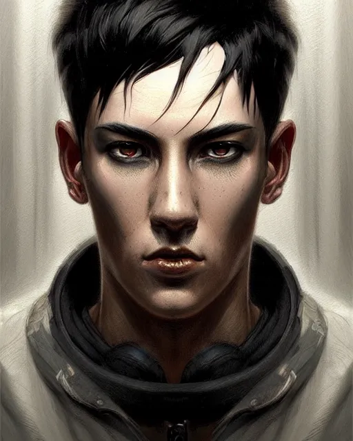 Image similar to professional concept art portrait of a diesel punk man with short black hair in a dark room by artgerm and greg rutkowski ( thin white border ). an intricate, elegant, highly detailed digital painting, concept art, smooth, sharp focus, illustration, in the style of cam sykes, wayne barlowe, igor kieryluk.