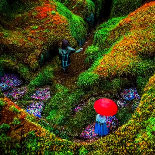 Image similar to a lone medieval traveler standing in a colorful fungus garden in a cave, birds eye view, hiroo isono, dark!!!!!, foggy, cavern, underground!!!!, beetles running through the moss, psychedelic, river running through it