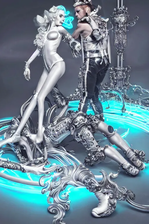 Image similar to full-body rococo and cyberpunk style neon statue of a muscular attractive Mario macho dotado e rico android sim roupa reclining con las piernas abertas e la piroca dura, glowing white lasers, glowing eyes, silver prince crown, silver steampunk gears, white diamonds, swirling mint-colored silk fabric. futuristic elements. ethereal white dripping tar. full-length view. space robots. human skulls. large white balloon animals. intricate artwork by caravaggio. Trending on artstation, octane render, cinematic lighting from the right, hyper realism, octane render, 8k, depth of field, 3D