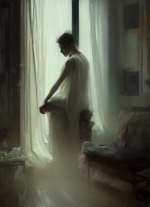 Prompt: a portrait of beautiful woman, inside a modern apartment, detailed oil painting, misty, ethereal, soft lighting, 8 k, by jeremy mann and ruan jia and alphonse mucha