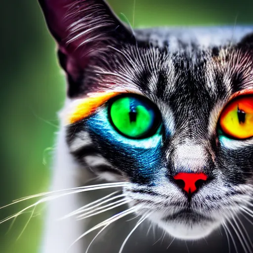 Image similar to photograph of a rainbow cat staring at the camera, shallow focus, wide angle lens, hyper realistic, macro, 8 5 mm