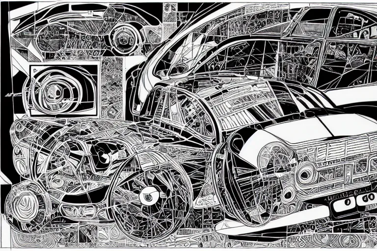 Image similar to a black and white drawing of a porsche 9 5 9 deconstructed schematic, a detailed mixed media collage by hiroki tsukuda and eduardo paolozzi and moebius, intricate linework, sketchbook psychedelic doodle comic drawing, geometric, street art, polycount, deconstructivism, matte drawing, academic art, constructivism