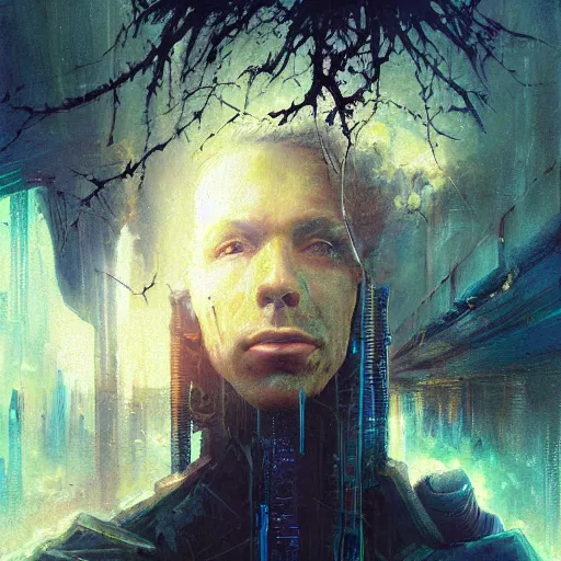 Prompt: an enigmatic and terrifying painting of a cyberpunk portrait by marc simonetti, greg rutkowski, ferdinand knab, colour, hyper detail, 8 k, one giant oak, universe, nebula, burst of colour, imaginary, roots, concept art, out of this world, depth, incredible depth