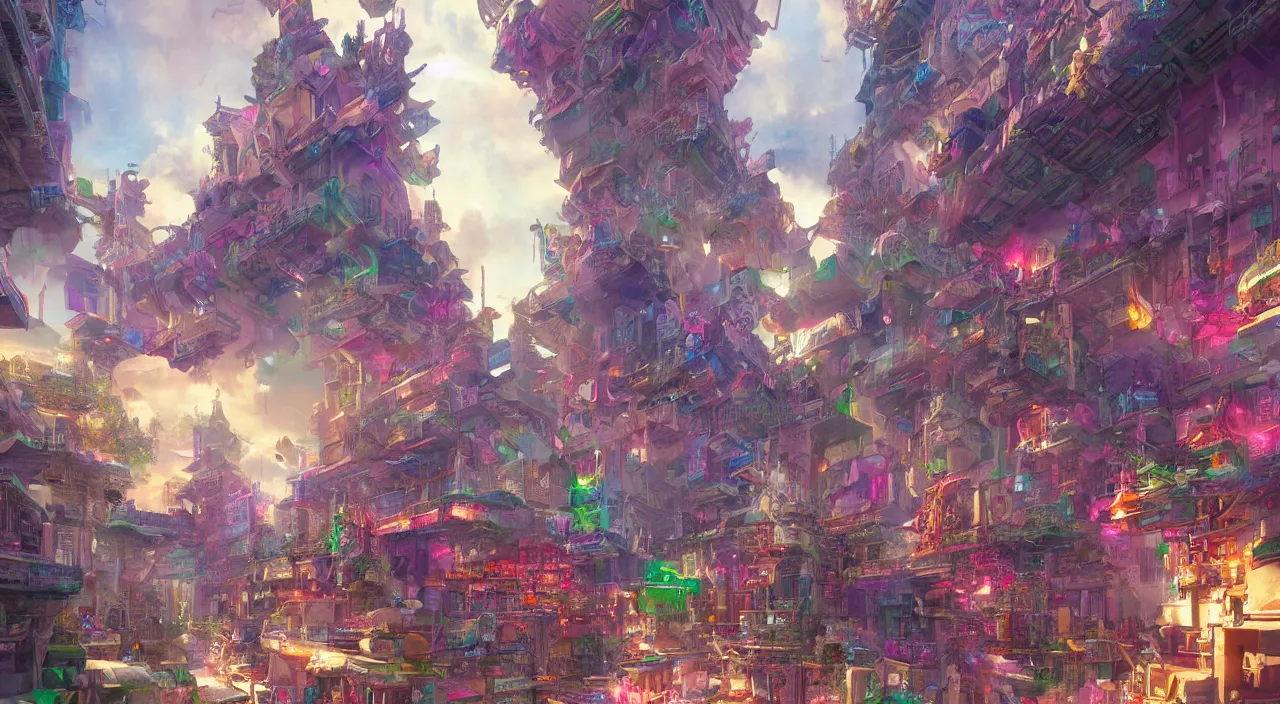 Image similar to bazaar zouk place aladin block greeble multicolorful sky shine mattepainting, street art, trending on artstation, by huang guangjian and gil elvgren and sachin teng