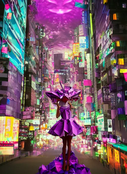 Prompt: downtown tokyo made out of newspaper and neon lights, beautiful anthropomorphic purple squid woman wearing a flowing paper dress and posing, paper origami, many origami roses, city background, heavenly light, 3 d, very detailed, octane render, trending artstation, artgem