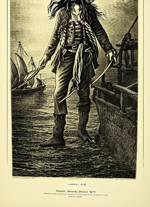 Image similar to illustration davey jones from the pirate of the caribbean, etching by louis le breton, 1 8 6 9, 1 2 0 0 dpi scan, ultrasharp detail, clean scan