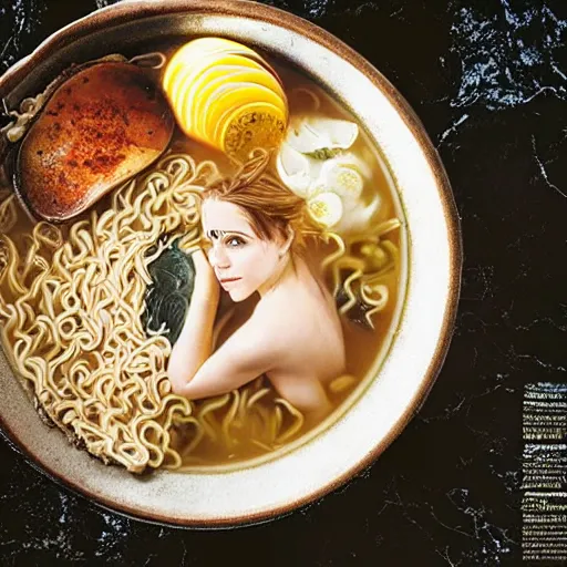 Prompt: emma watson bathing in a big bowl of ramen. architectural digest.