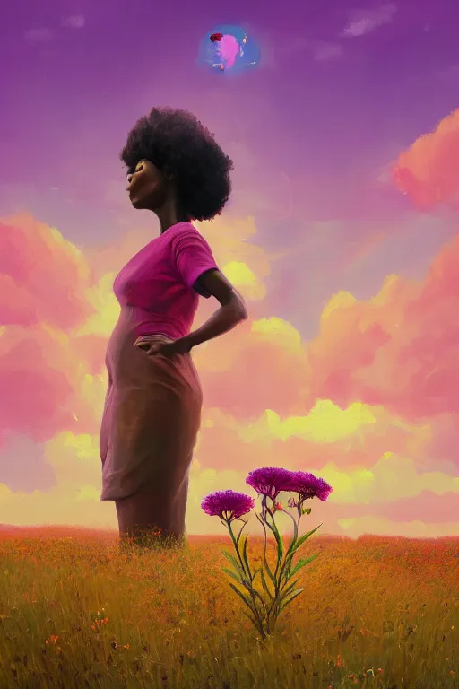 Prompt: closeup, large flower as a head, an african woman in a heather field, surreal photography, golden hour, colorful clouds, impressionist painting, digital painting, artstation, simon stalenhag