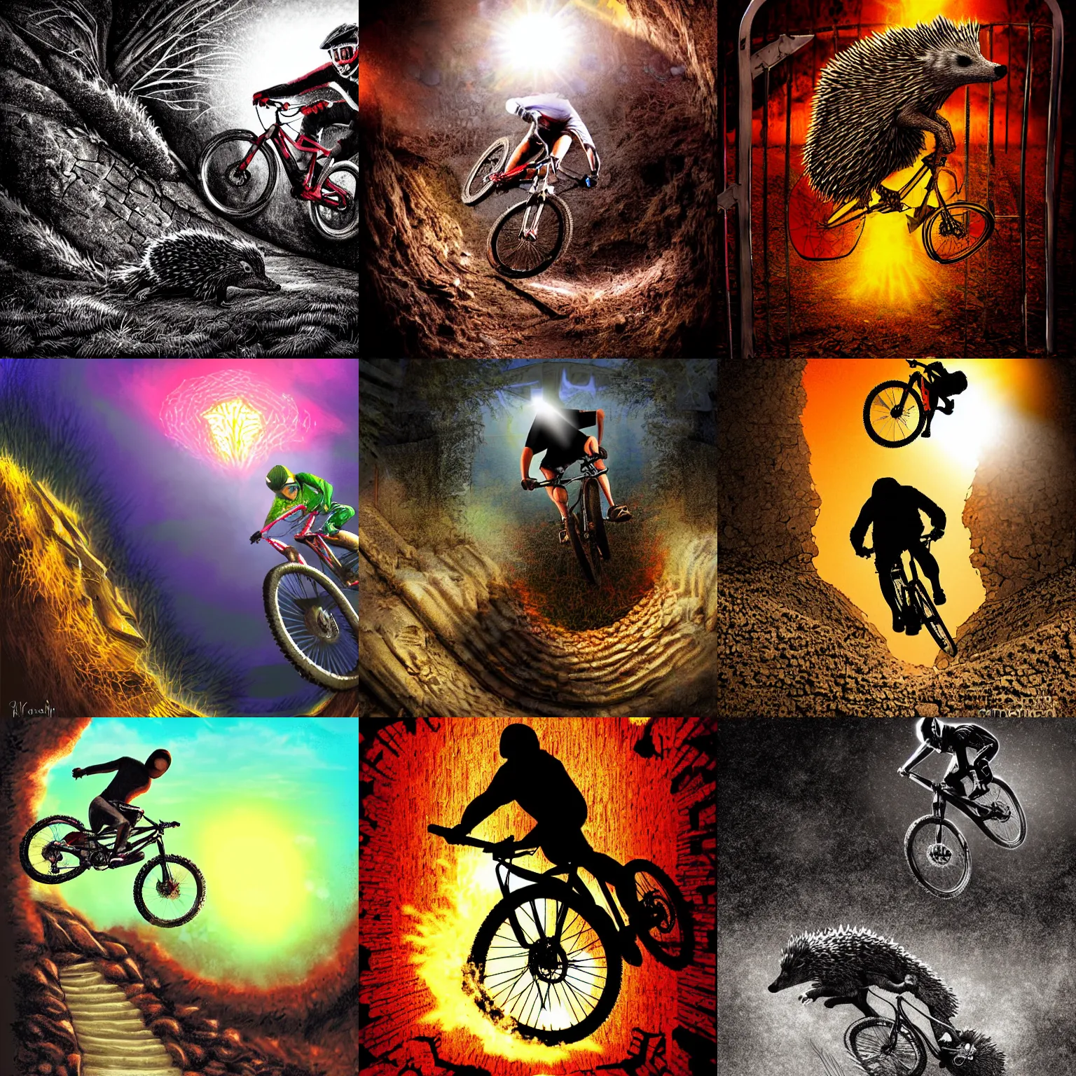 Prompt: mountain biker jumps over a hedgehog, he falls down into the gates of hell, digital art, dramatic backlighting