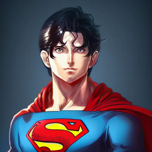 Image similar to A realistic anime superman, digital painting, by WLOP and Rossdraws, digital painting, trending on ArtStation, deviantart