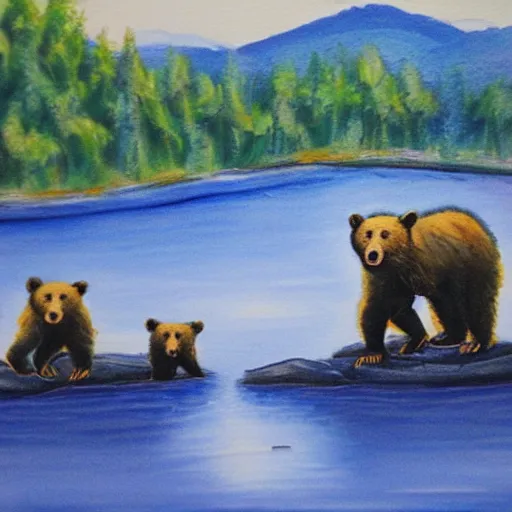 Prompt: a mama bear with her cubs looking at the river, acrylic