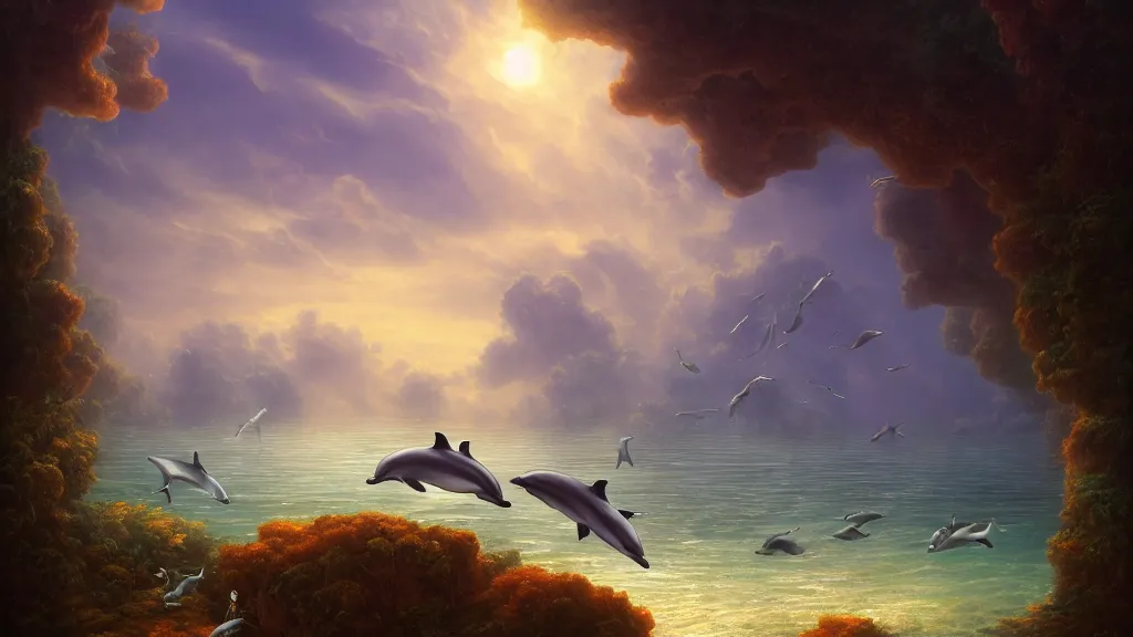 Image similar to dolphins swimming underwater, harmony, peaceful, amazing, by andreas rocha and john howe, and Martin Johnson Heade, featured on artstation, featured on behance, golden ratio, ultrawide angle, f32, well composed