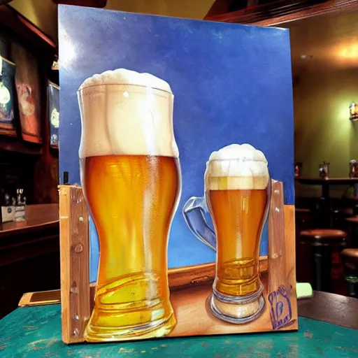 Image similar to A pint of beer sitting on a bar as painted by Don Bluth