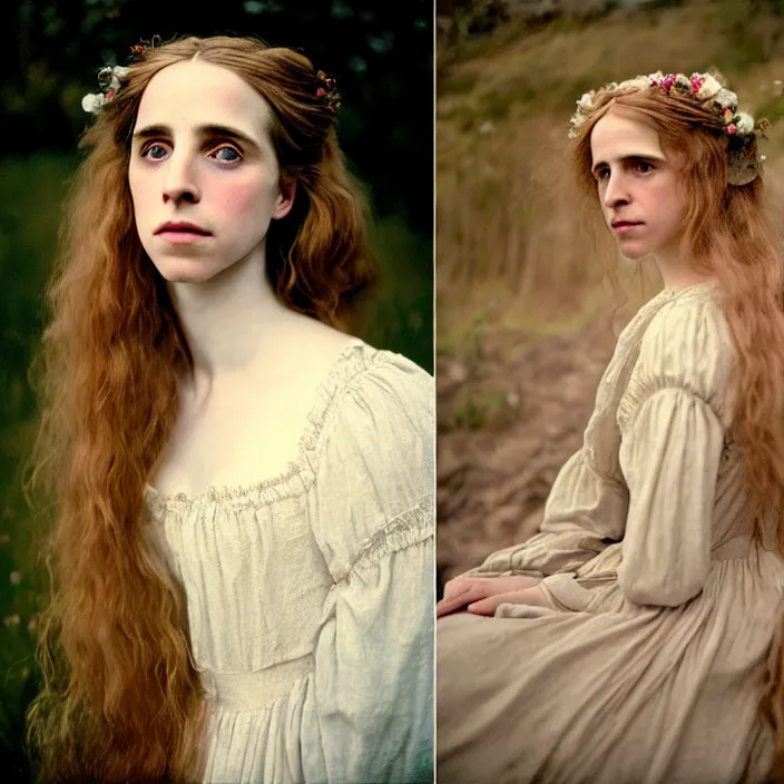 Image similar to Kodak Portra 400, 8K, soft lighting, volumetric lighting, highly detailed, brit marling style 3/4 ,portrait photo of a beautiful woman how pre-Raphaelites painter, inspired by Ophelia Millais , a beautiful lace dress and hair are intricate with highly detailed realistic beautiful flowers , Realistic, Refined, Highly Detailed, natural outdoor soft pastel lighting colors scheme,faded colors, outdoor fine art photography, Hyper realistic, photo realistic