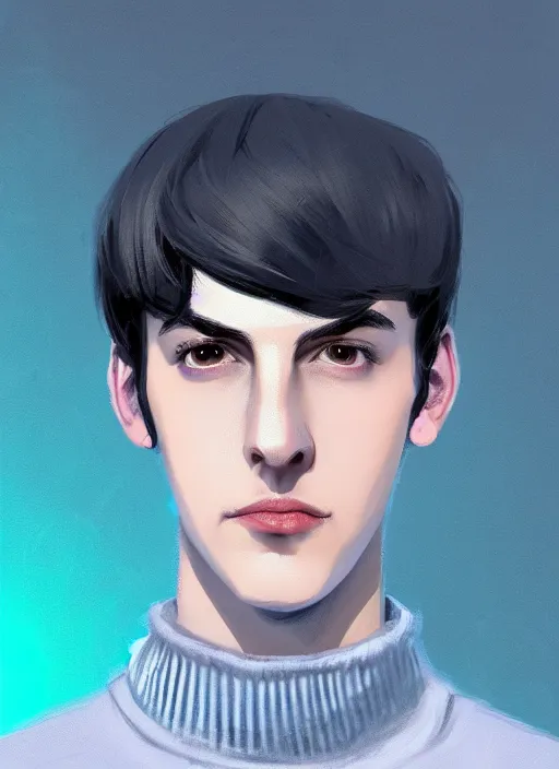 Image similar to portrait of teenage jughead jones wearing a light grey crown, crown, blue turtleneck, closed eyes, photorealistic, black hair, glowing lighting, intricate, elegant, glowing lights, highly detailed, digital painting, artstation, concept art, smooth, sharp focus, illustration, art by wlop, mars ravelo and greg rutkowski