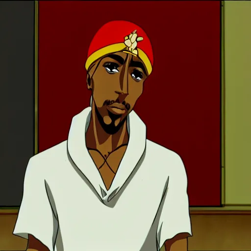 Image similar to Tupac Shakur, screenshot from a 2012s anime