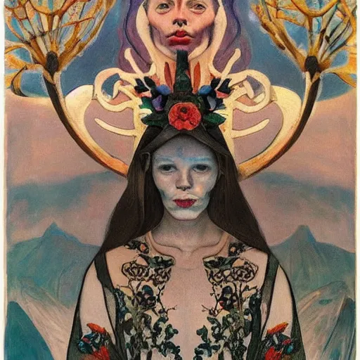 Prompt: the bone crown, by Annie Swynnerton!! and Nicholas Roerich and ((((((Diego Rivera)))))), embroidered robes, floral tattoos, bioluminescent skin!, elaborate costume, geometric ornament, symbolist, soft colors, dramatic lighting, smooth, sharp focus, extremely detailed