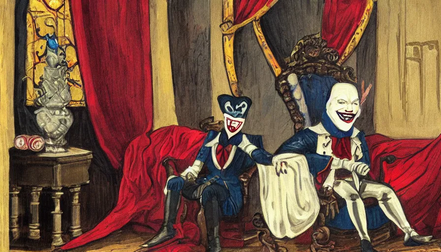 Image similar to a vampire sitting on a throne in his castle during the american revolution. he is surrounded by paintings and is wearing a bright clown emoji mask. character design by john and ai