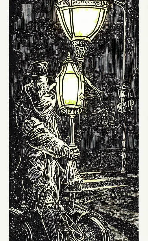 Image similar to black paper tarot card a lamplighter turning on a lamppost on a street, latticework in the style of vintage detailed illustration designed by marc simonetti and mike mignola black light style intricate ink illustration