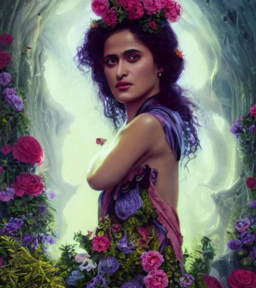 Image similar to portrait of the young salma hayek of the underworld, surrounded by flowers by karol bak, james jean, tom bagshaw, rococo, trending on artstation, cinematic lighting, hyper realism, octane render, 8 k, hyper detailed.