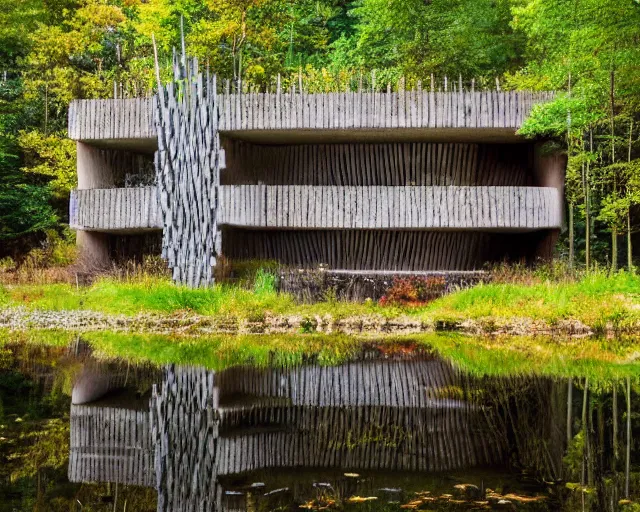 Image similar to pagan brutalist building made of carved wood near a pond and forest, a lot of chimes and calmness