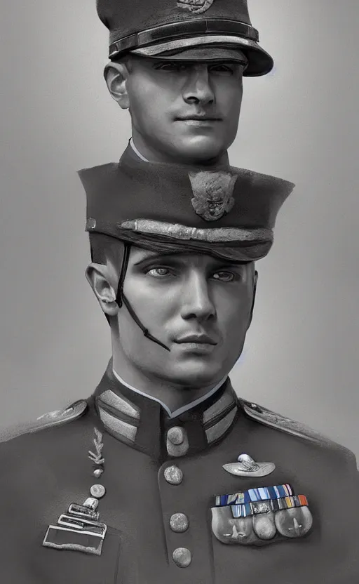 Prompt: Portrait of an army officer, male, detailed face, 20th century, highly detailed, cinematic lighting, digital art painting