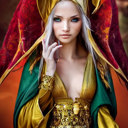 Image similar to beautiful elf with ornate robes, highly detailed, 4k, HDR, smooth, sharp focus, hyper realistic, award-winning photo high resolution