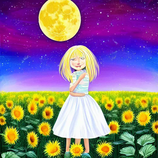 Prompt: a long dirty blond colored hair, 4 year old girl in a rainbow dress looking away from us in a colorful meadow holding a sunflower in her hand, standing in moonlight, on a clear magnificent night sky, looking up at the earths one moon, highly detailed, magical, canvas print, realistic, sharp detail, 4 k